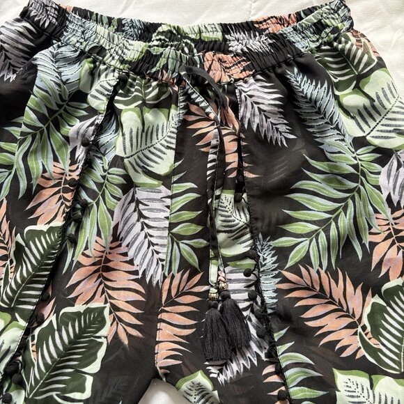 Womens Wide Leg Floral Tropical Beach Summer Cover Up Flowy Drawstring Green - Picture 5 of 10